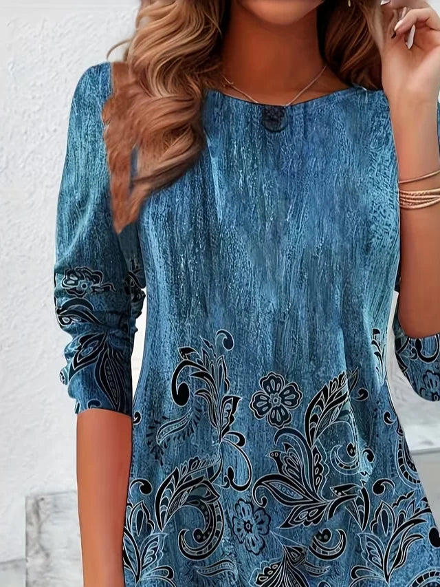 Women's Long Sleeve T-shirt Spring/Fall Blue Floral Jersey Crew Neck Daily Going Out Casual Top