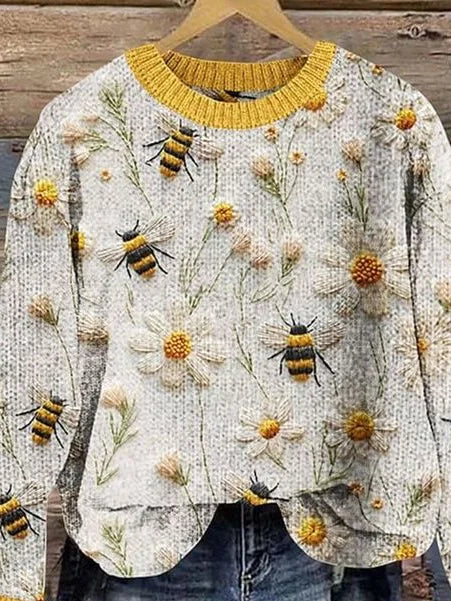 Women's Bee Floral Print Crewneck Knit Sweater
