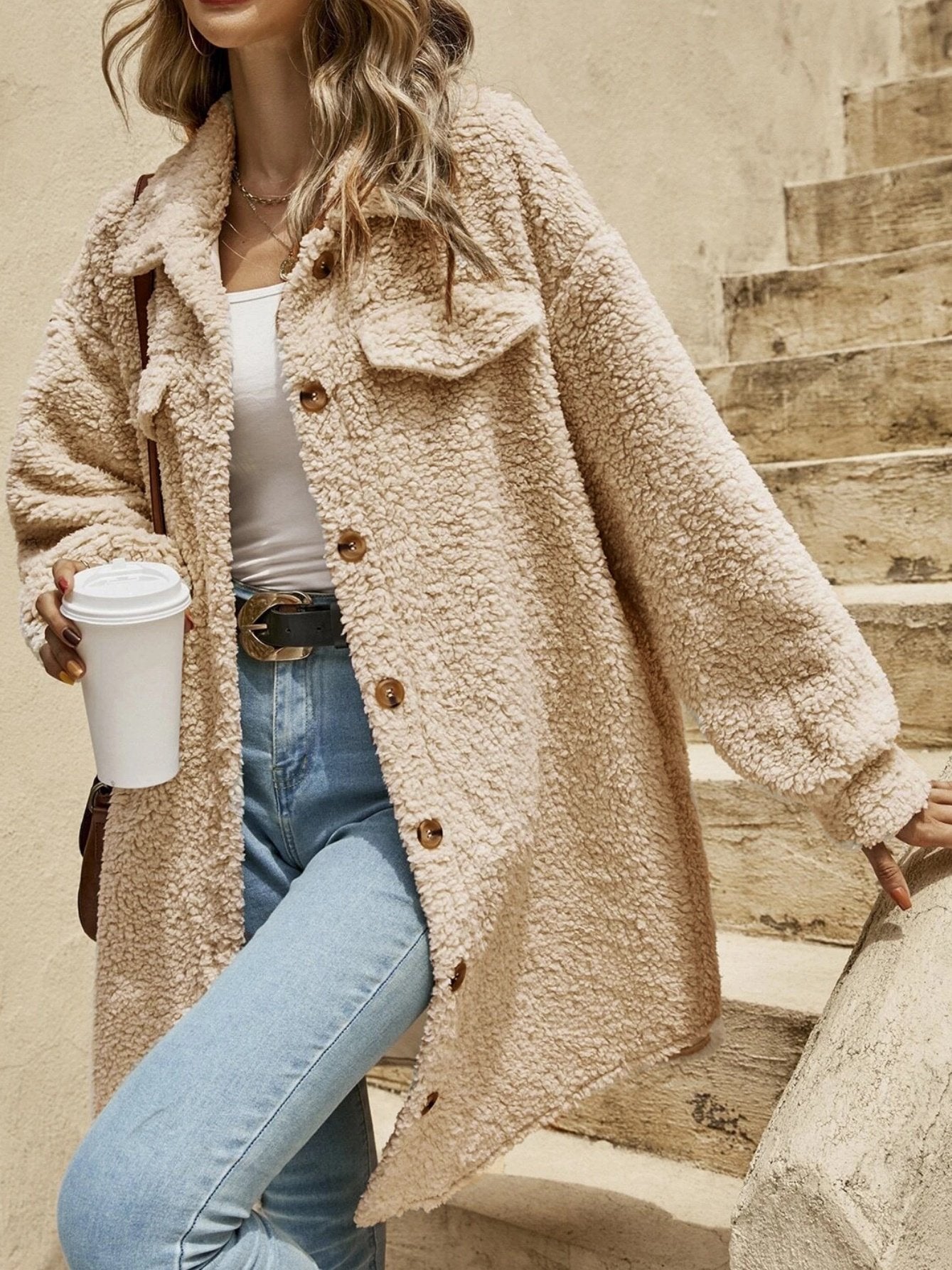 Fluff/Granular Fleece Fabric Plain Shawl Collar Elegant Coat