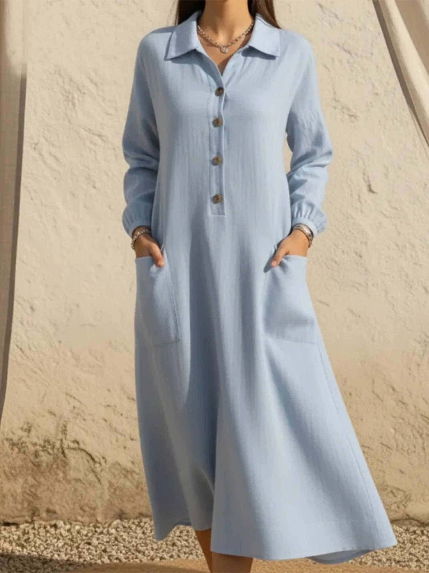 Casual Plain Buttoned Shirt Collar Midi Dress