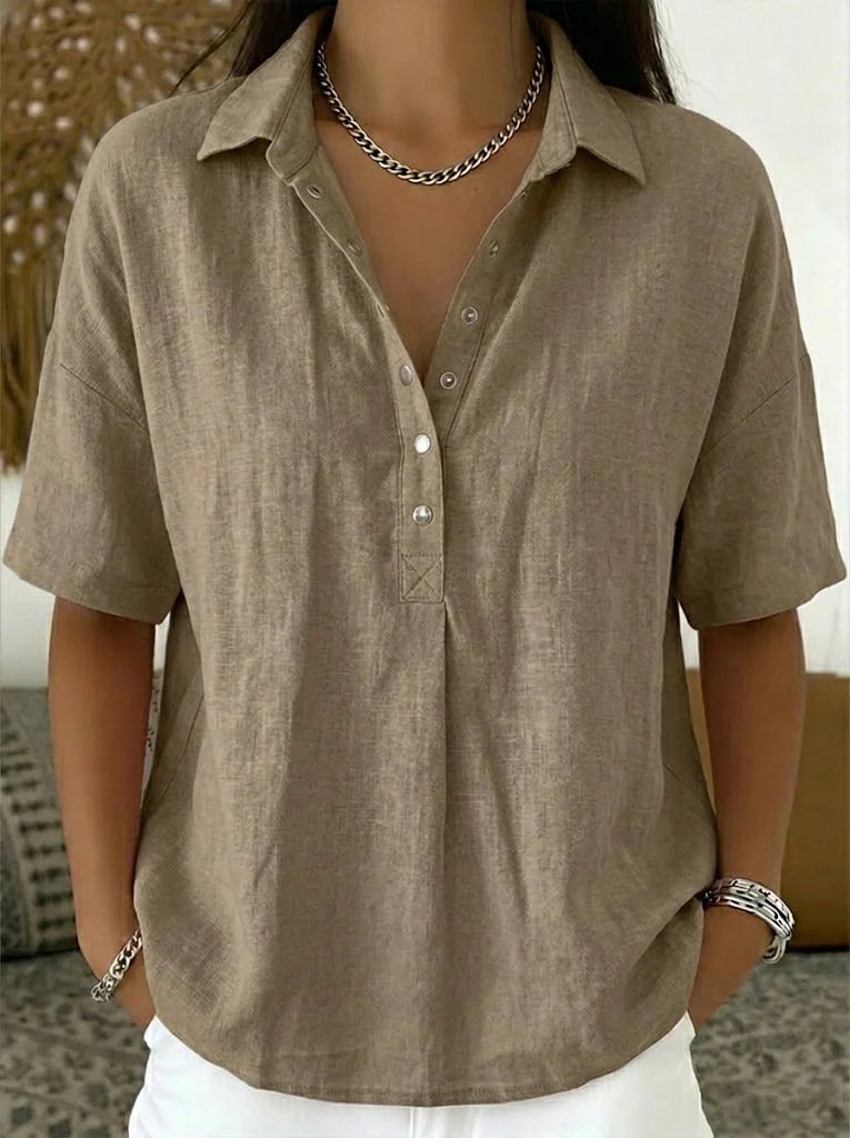 Women’s Light Blue Short Sleeve V Neck Henley Shirt Loose Fit Linen Casual Polo Blouse