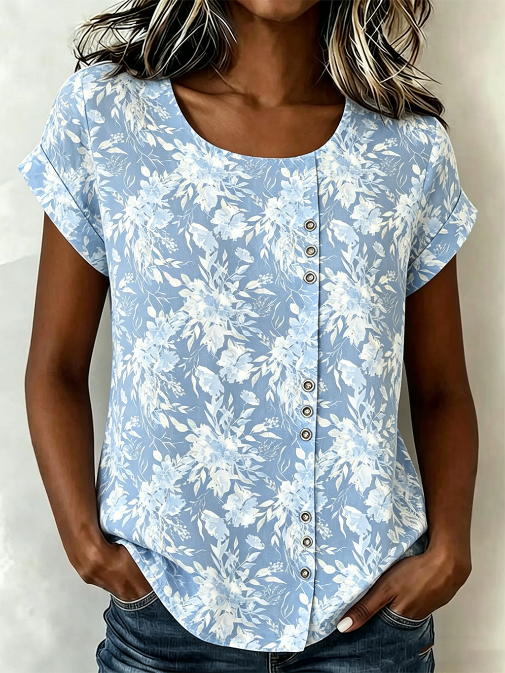 Linen Blend Casual Crew Neck Loose Shirt