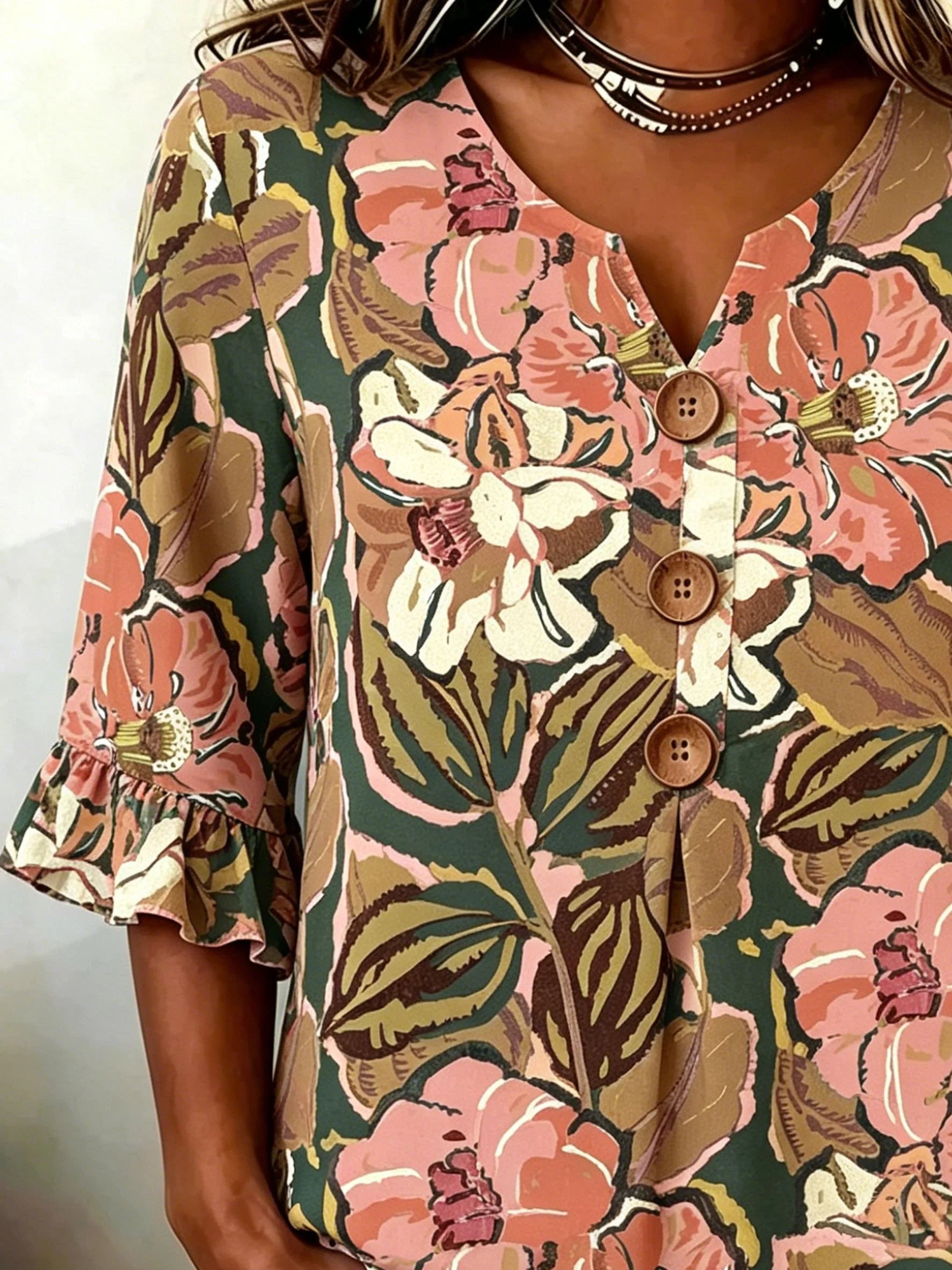 Women's Retro Floral Print Half Sleeve Ruffle Cuff Blouse Summer V Neck Button Daily Going Out Vintage Top