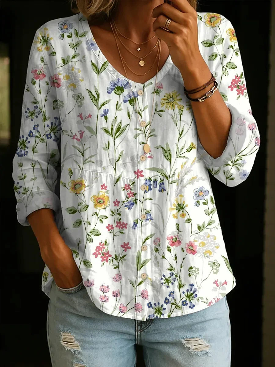 Women's Long Sleeve Blouse Spring/Fall White Floral Printing V Neck Daily Going Out Casual Top