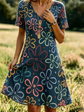 Women's Vintage Denim Blue Floral Print V-Neck Short-Sleeve Casual Dress