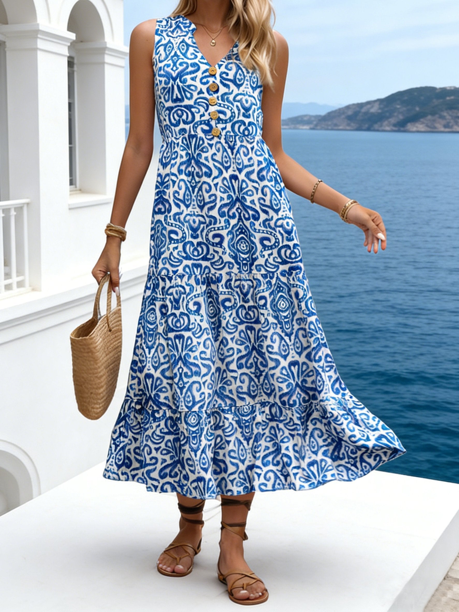 Elegant Ethnic Geometry V Neck Sleeveless Summer Vacation Going Out Elegant Maxi Dress