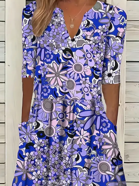 Women's Short Sleeve Summer Purple Floral Printing V Neck Daily Going Out Casual Maxi H-Line Fit & Flare Dress Dress