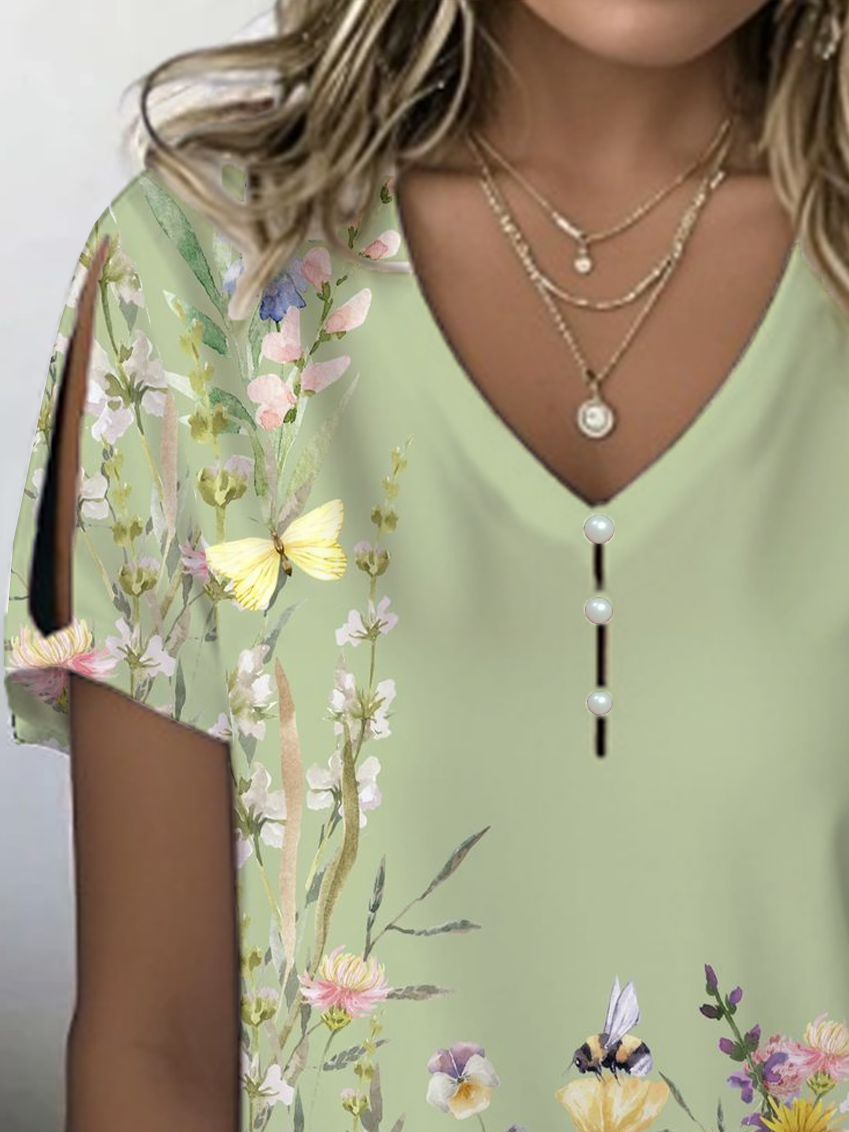 Women's Floral Print Casual V-Neck Pearl Button T-Shirt