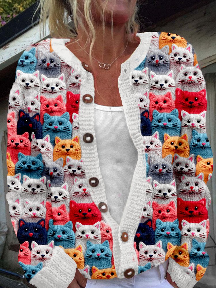Fashionable multi-color cat round neck button knit sweater