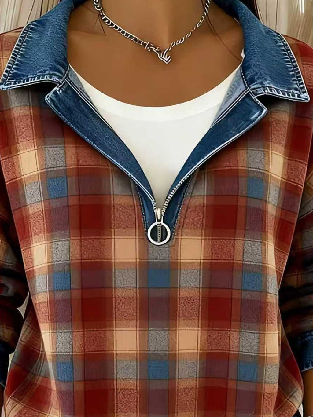 Plaid Color Block Denim Casual Loose Long Sleeve Zipper Going Out Casual Hoodie