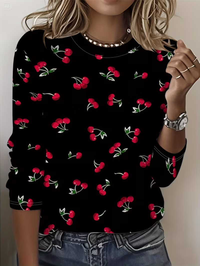 Women's Long Sleeve T-shirt Spring/Fall Black Fruit Printing Jersey Crew Neck Daily Going Out Casual Top