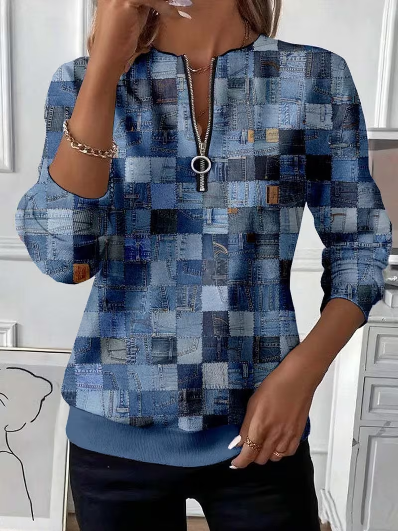 Women's Abstract Print Casual Zipper Long Sleeve Sweatshirt