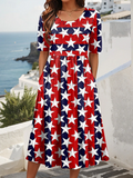 Crew Neck Regular Fit America Flag Casual Dress With No