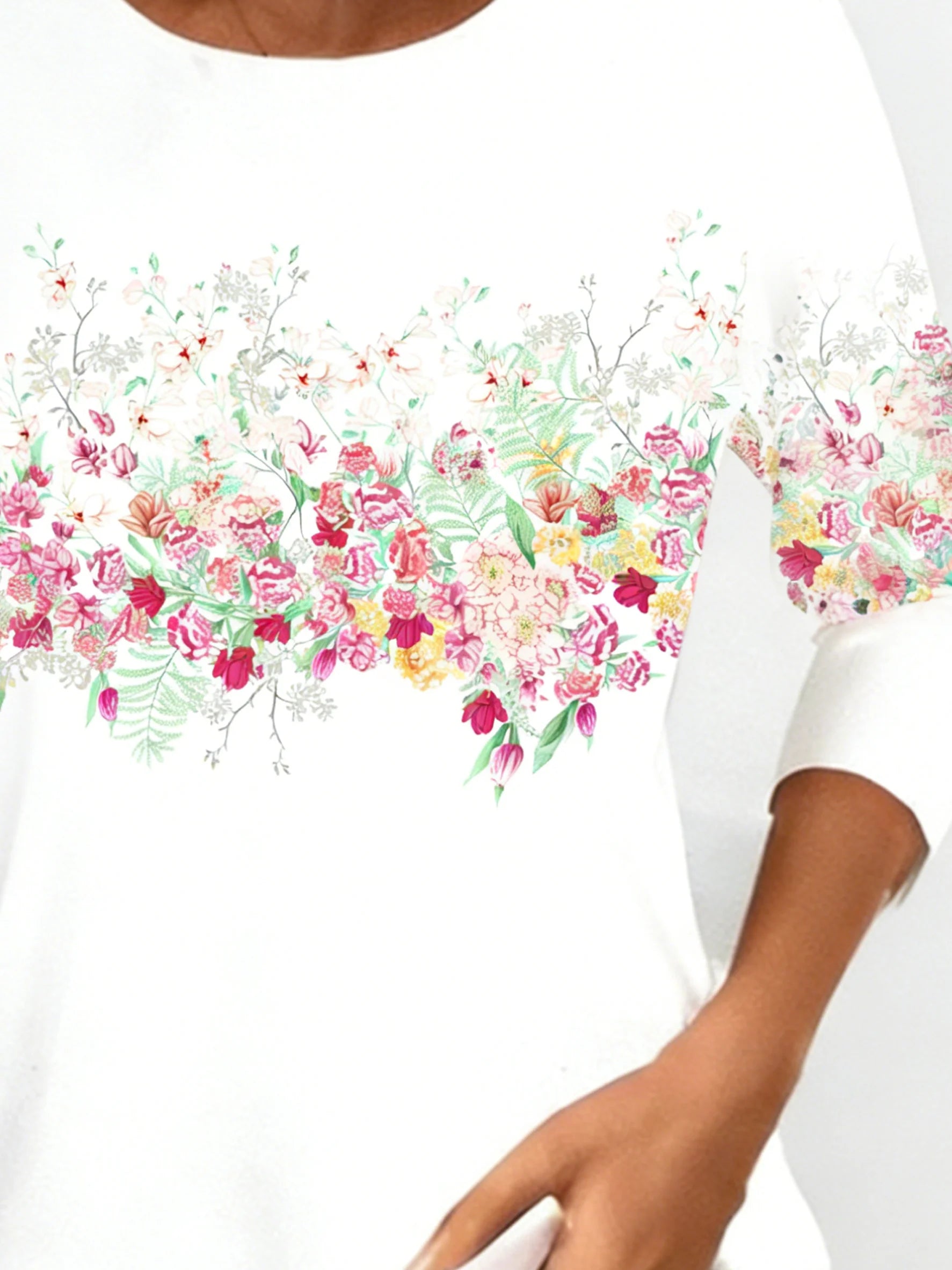 Floral Printing Casual Long Sleeve Round Neck T-Shirt