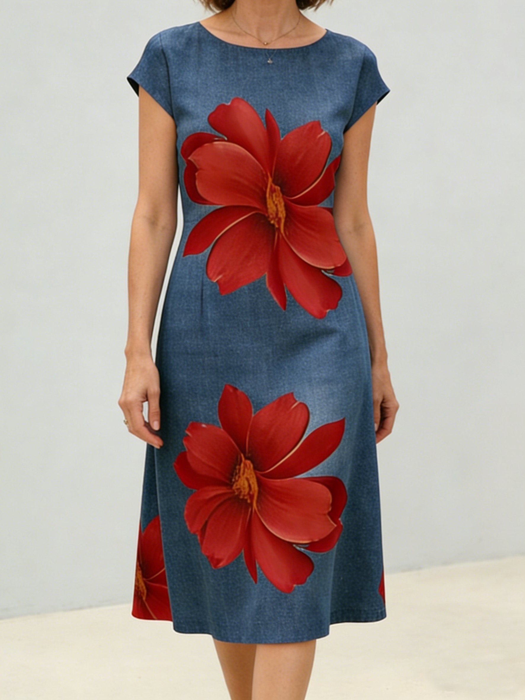 3D Printing Floral Crew Neck Short Sleeve Denim Look/Denim Effect Going Out Casual Dress
