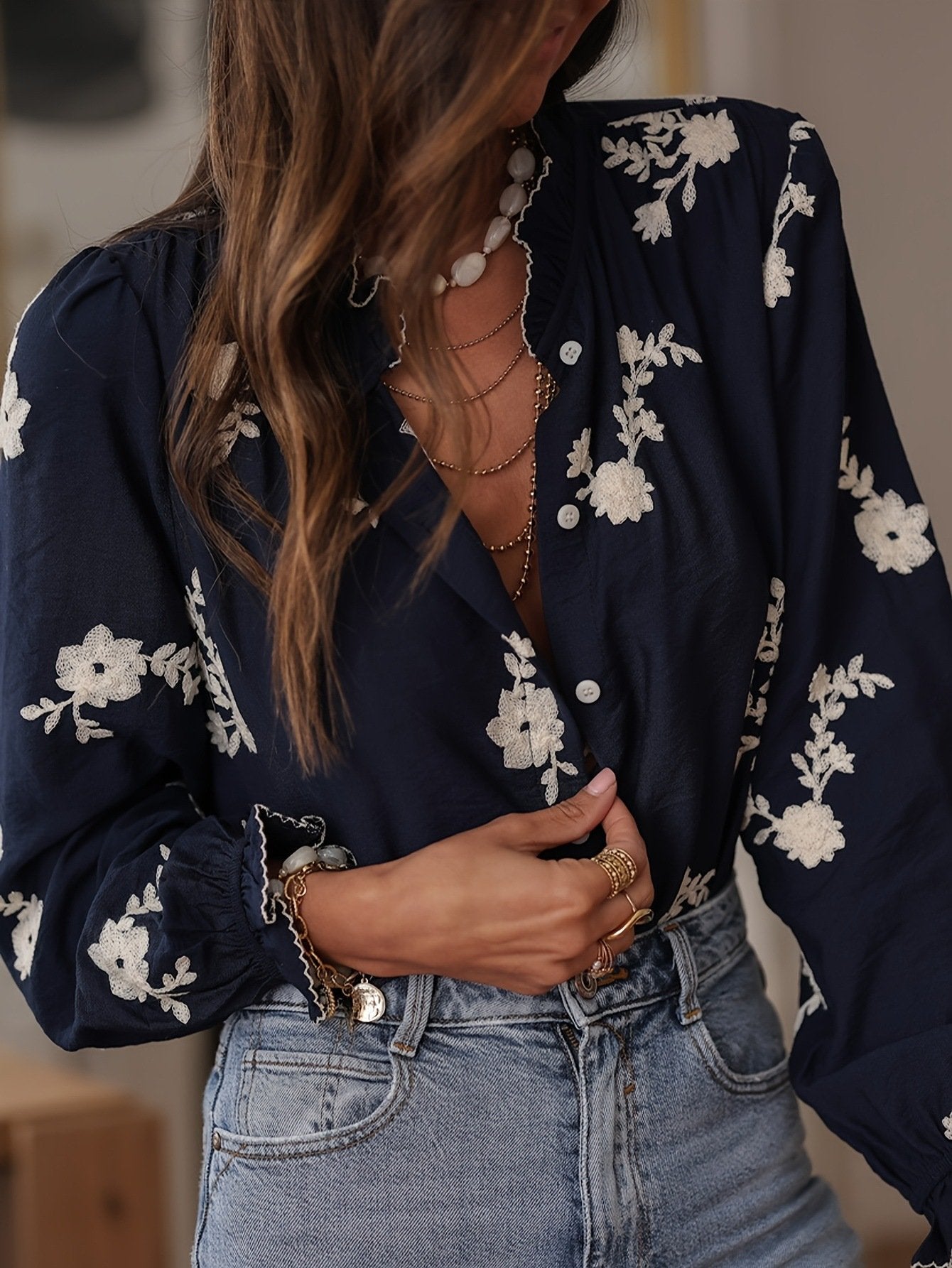 Loose Cotton Embroidery Patterns Vintage Shirt