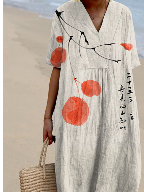 Vintage Ink Wash Painting V Neck Casual Midi Dress