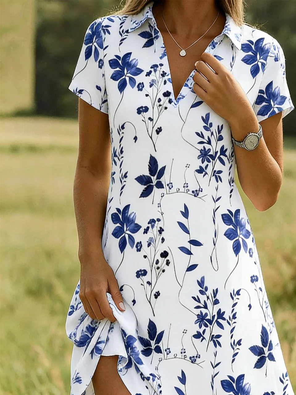 Women’s White & Blue Leaf Print V Neck Short Sleeve Shirt Midi Dress
