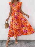 Abstract Foloral Print V Neck Ruffle Sleeve Smock Vacation Summer Going Out Maxi Dress