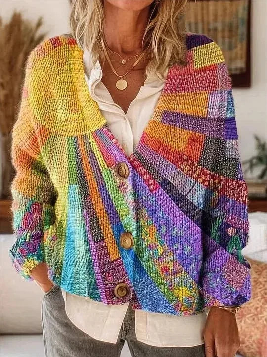 Women's Vintage Multicolor Collage Floral Print Button-Up V-Neck Cardigan Sweater