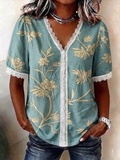 Botanical Pattern Vintage V Neck Blouse