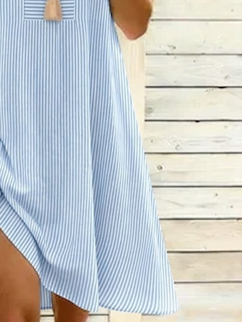Blue White Striped Sleeveless V-Neck Swing Dress Casual Summer Loose Dress