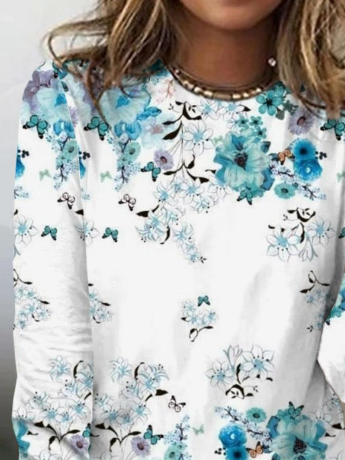 Women Casual Floral Spring/Fall Daily Loose Jersey Long Sleeve Crew Neck Regular T-shirts