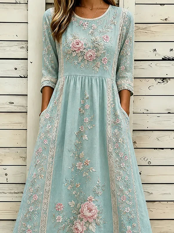 Women's Half Sleeve Summer Blue Floral Printing Crew Neck Daily Going Out Casual Maxi H-Line Dress
