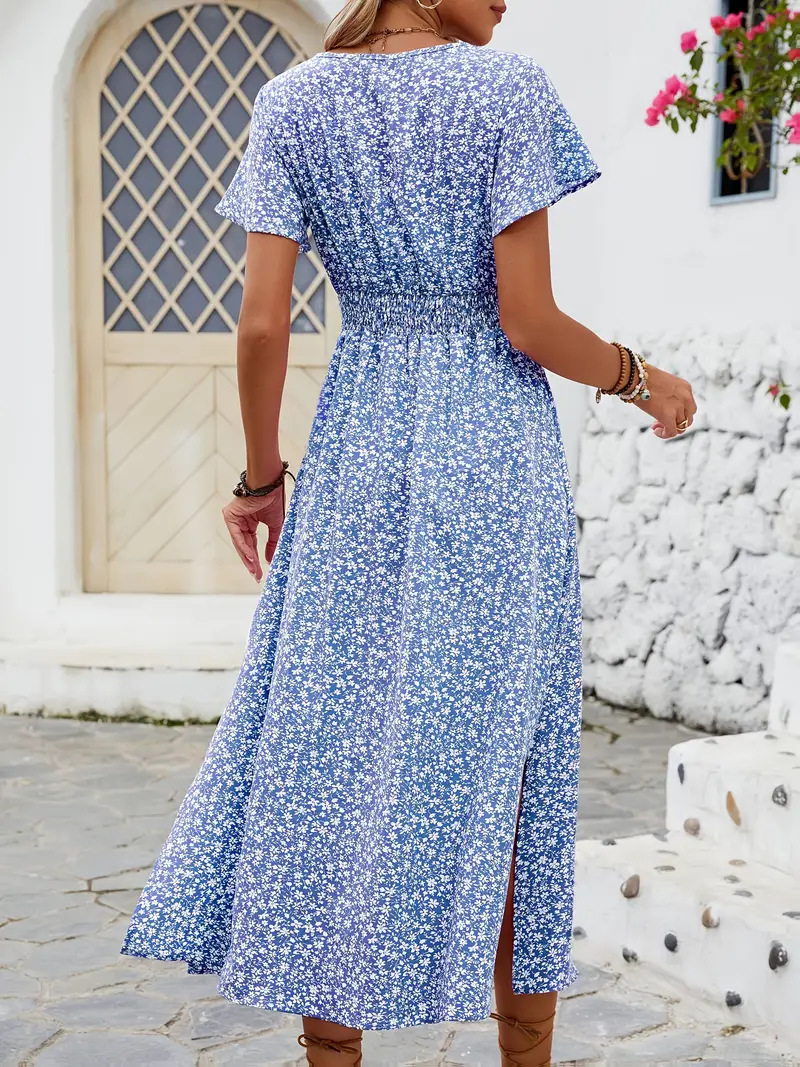 Floral Printed V Neck Short Sleeve Smock Detail Spring Summer Casual Maxi Dress