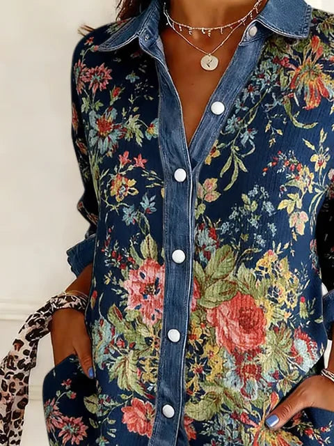 Women's Vintage Floral-Print Denim Casual Shirt