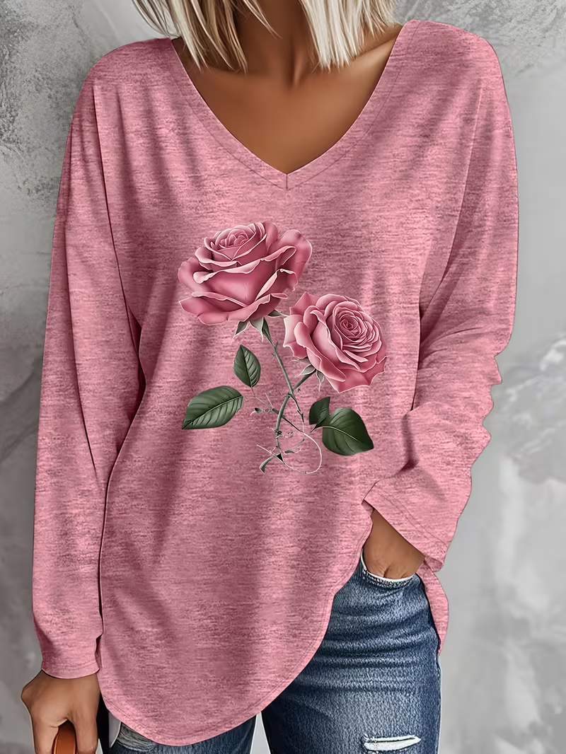 Women's Long Sleeve T-shirt Spring/Fall Pink Floral Printing Jersey V Neck Daily Going Out Casual Top