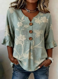Women's Half Sleeve Blouse Summer Green Floral Printing V Neck Daily Going Out Vintage Top