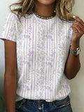Women's Short Sleeve T-shirt Summer White Striped Printing Jersey Crew Neck Daily Going Out Casual Top