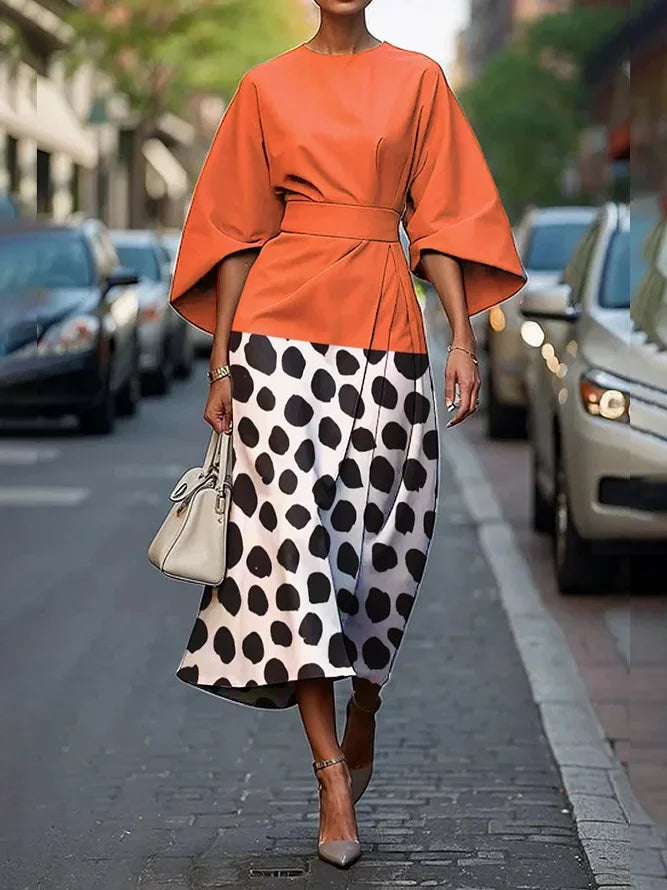Women's Half Sleeve Summer Orange Polka Dots Printing Crew Neck Daily Going Out Vintage Maxi H-Line Fit & Flare Dress Dress