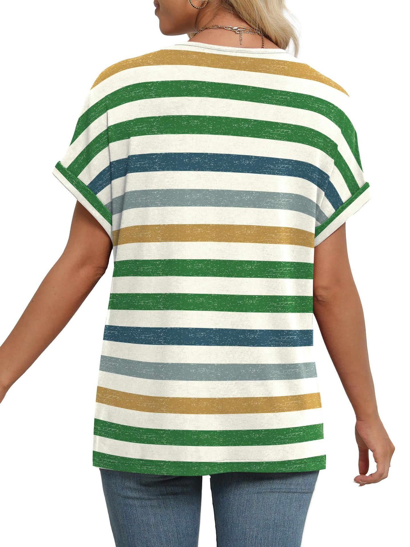 Striped Top Short Sleeve V Neck Casual T-Shirt