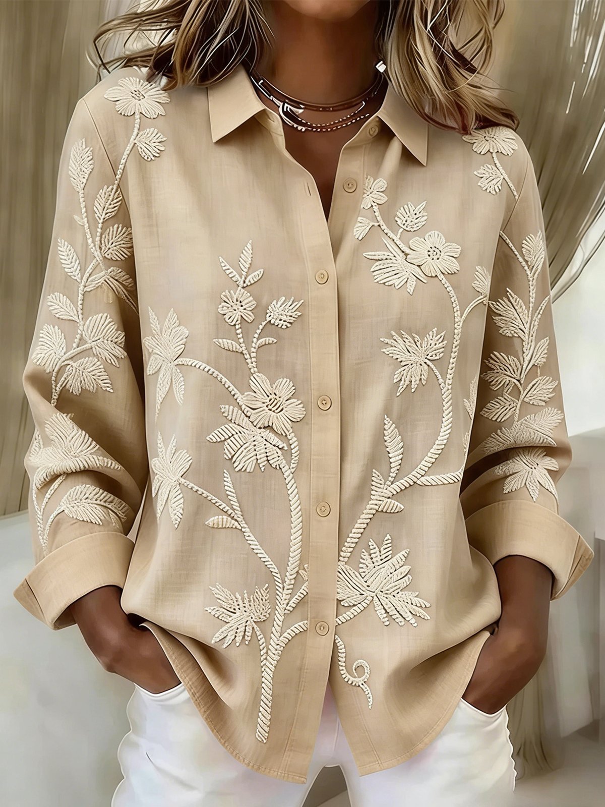 Women’s Light Blue Printed Floral Long Sleeve Button Down Collared Blouse Elegant Shirt