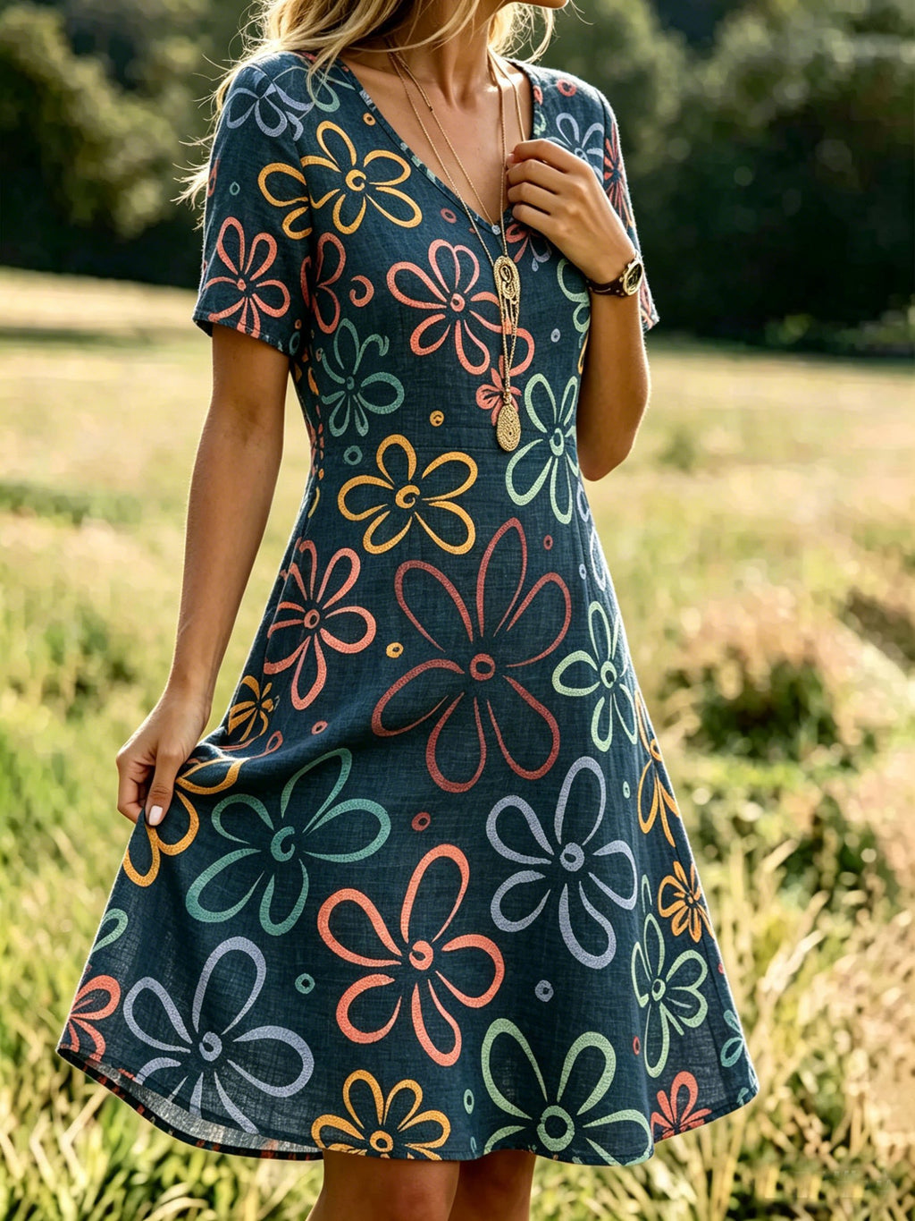 Women's Vintage Denim Blue Floral Print V-Neck Short-Sleeve Casual Dress