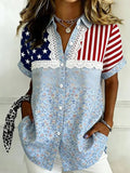 Elegant America Flag Loose Floral Shawl Collar Short Sleeve Going Out Casual Shirt Independence Day