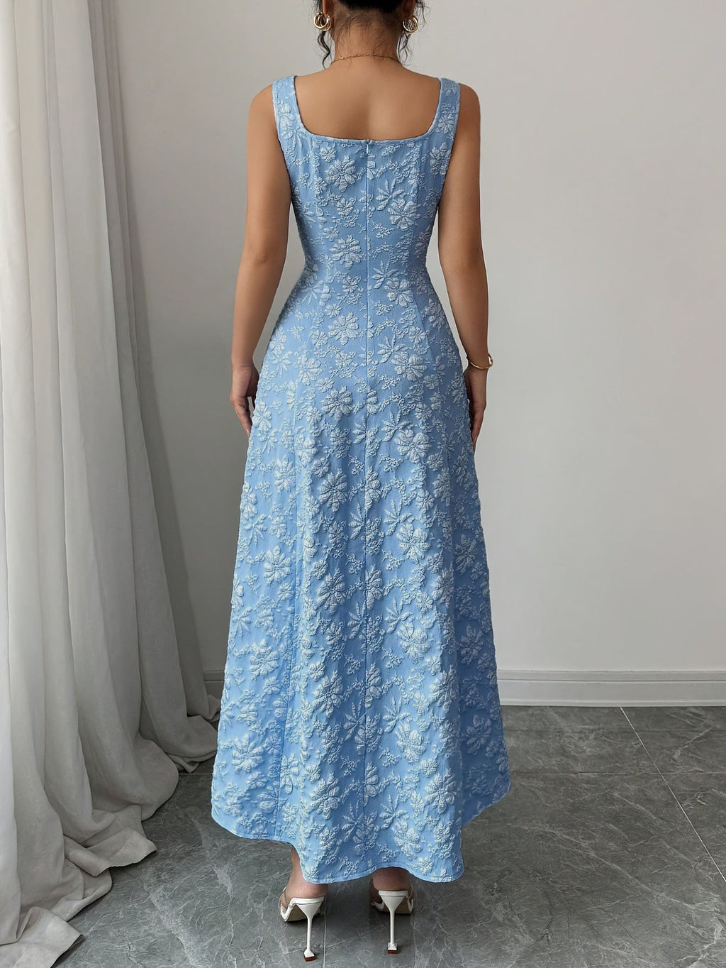 Jacquard Floral Square Neck Vintage Dress