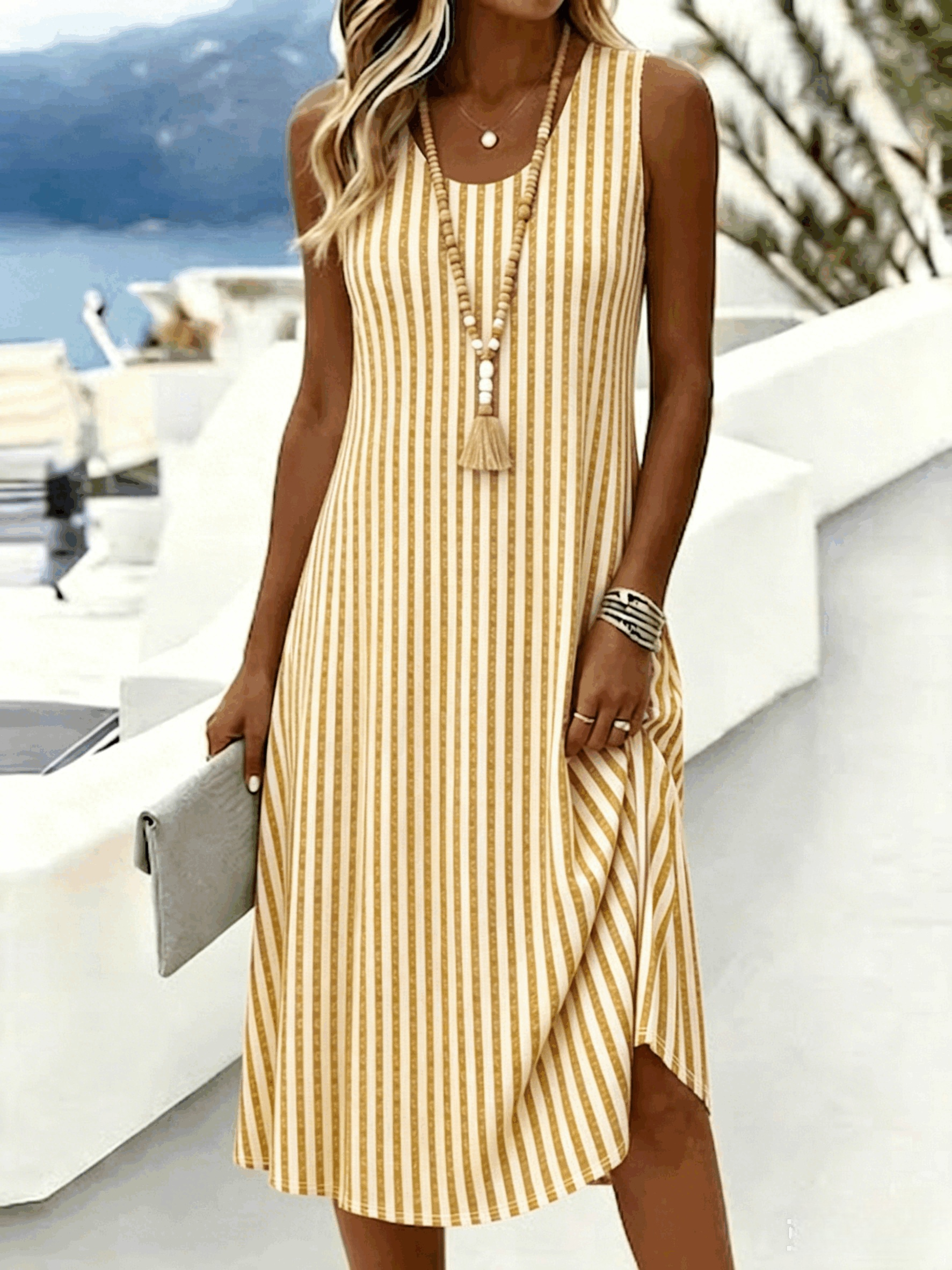 Women's Casual Sleeveless Striped Midi Dress Pink Purple Boho Summer A-Line Tank Dress for Beach Vacation