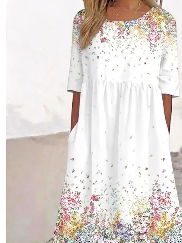 Women's White Floral Print Maxi Dress Short Sleeve Casual Loose Dress with Pockets
