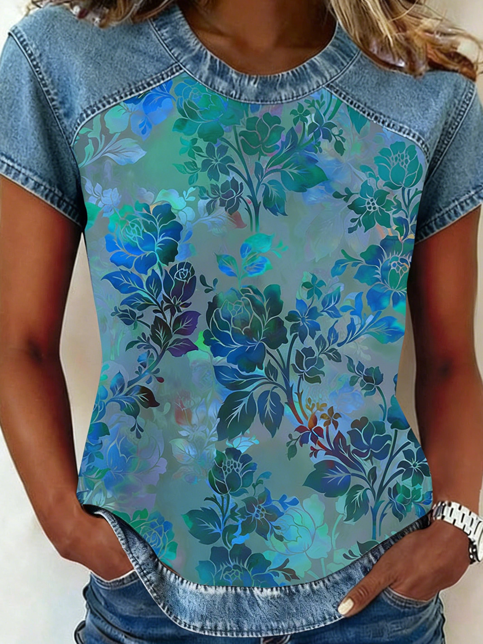 Denim Vintage Crew Neck Floral T-Shirt