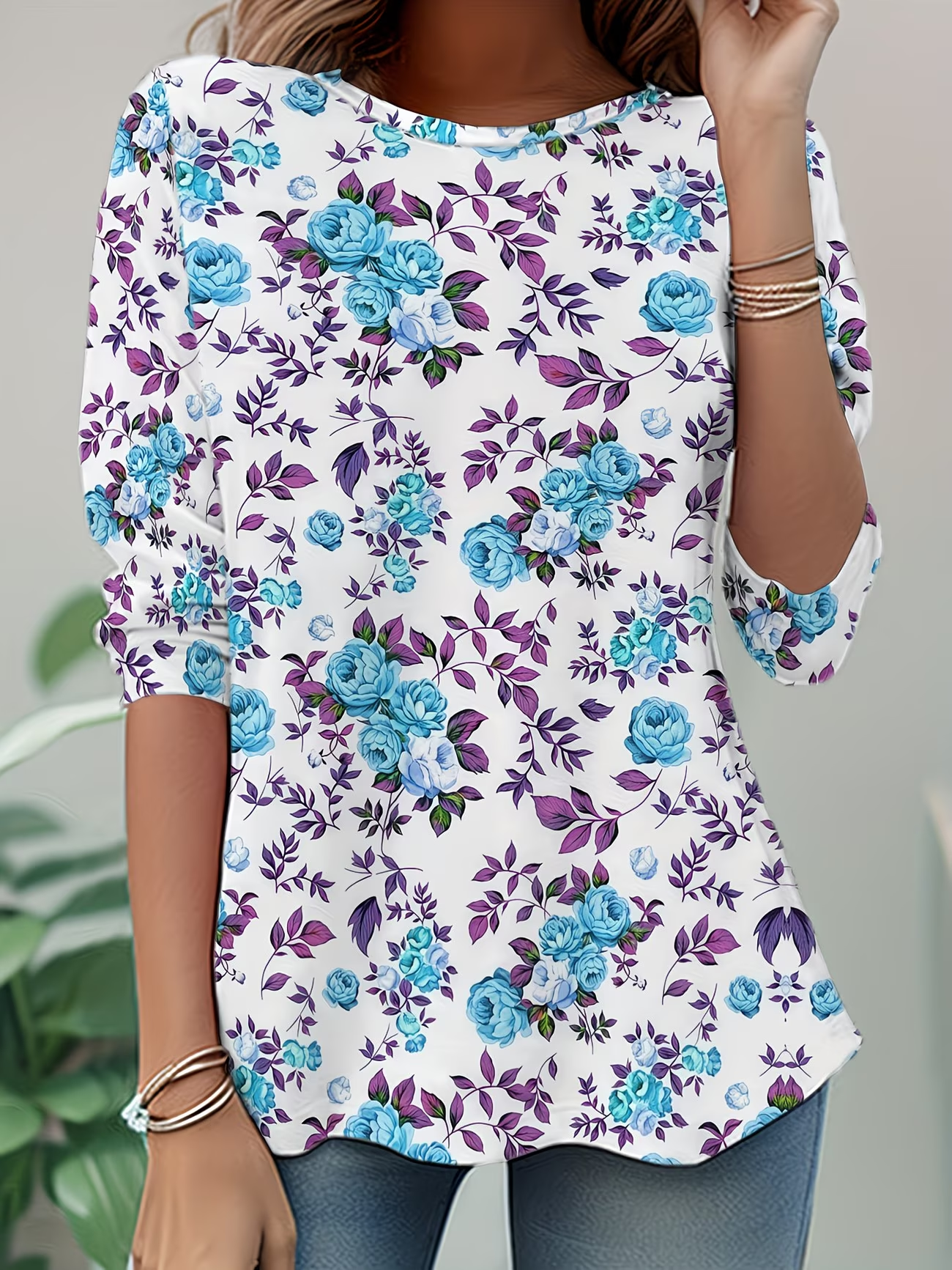 Women's Long Sleeve T-shirt Spring/Fall White Floral Jersey Crew Neck Daily Going Out Casual Top