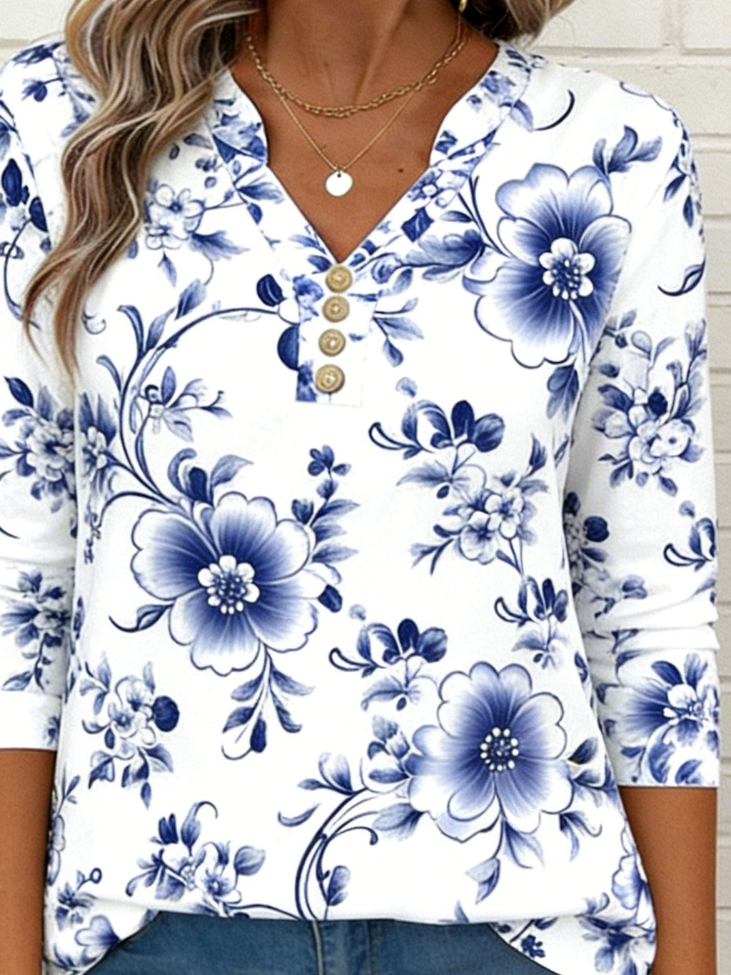 Elegant Long Sleeve V Neck Button Going Out Casual T-Shirt