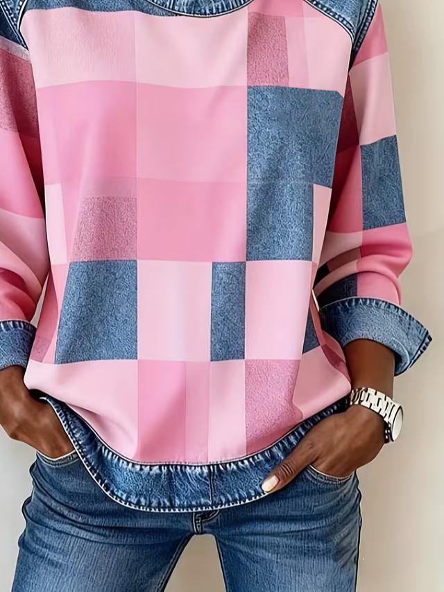 Women's Plaid Print Patchwork Denim Crewneck Long-Sleeved Sweatshirt