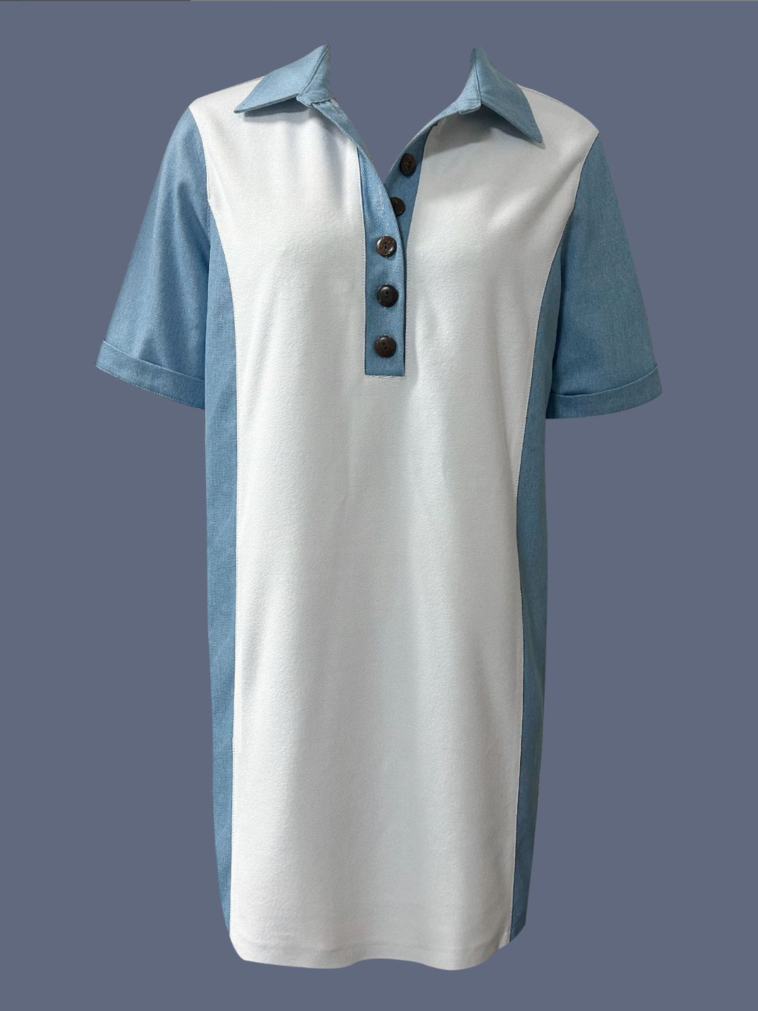 Denim Color Block Plain Jersey Casual Shawl Collar Short Sleeve Casual Dress