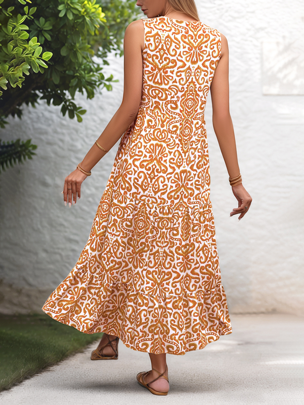 Elegant Ethnic Geometry V Neck Sleeveless Summer Vacation Going Out Elegant Maxi Dress