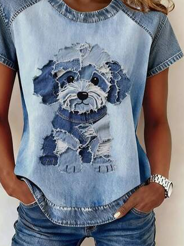 Women's Denim Patchwork Short Sleeve T-shirt Summer Blue Dog Printing Crew Neck Daily Going Out Vintage Top