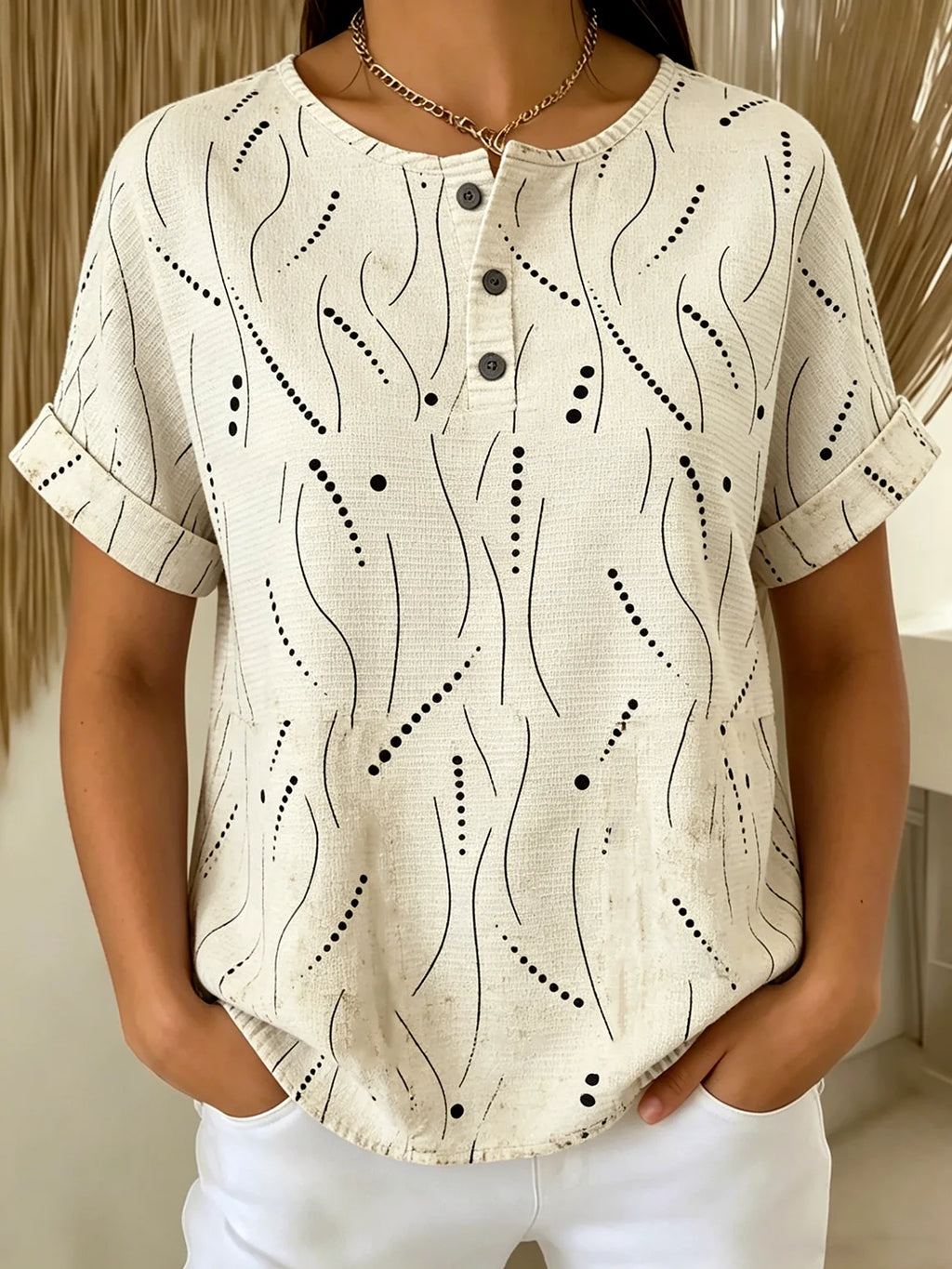 Women’s Abstract Line & Dot Print Henley Neck Short Sleeve T‑shirt