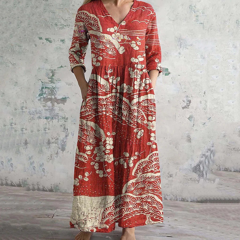 Vintage Japanese Floral Art Printed Casual Midi Dress